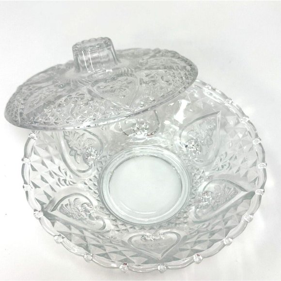 Vintage KIG Malaysia Candy Dish Clear Pressed Glass Hearts and Roses w/ Lid  7" - Picture 3 of 7